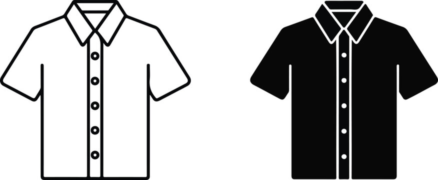 Short sleeve men's button down shirt vector icon set featuring casual summer apparel in black outline and solid silhouette styles isolated on white background.