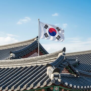 South korean flag flying over traditional palace roof tiles