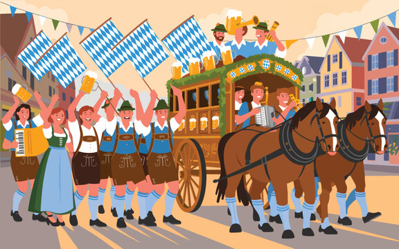 Oktoberfest parade with people in traditional Bavarian clothing, a horse-drawn beer wagon, and flags