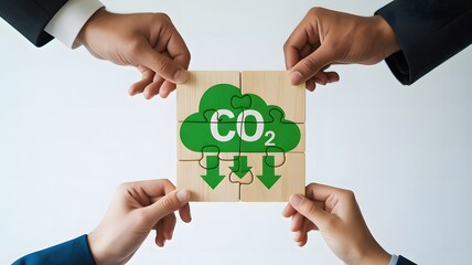 Obraz premium Hands holding a wooden puzzle with a green CO2 cloud and arrows symbolizing carbon emission reduction and sustainability