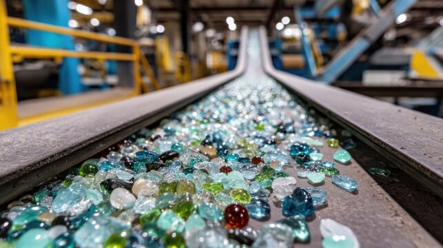 Recycled plastic bottles and debris in an industrial recycling conveyor system