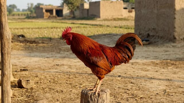 Free-range red rooster standing on weathered stump, village farm setting, paddy field nearby, rural landscape, 4K video
