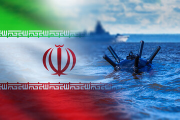 Naval defense, Maritime security. Sea mine floats near warship with Iran flag background symbolizing military tension and naval threat in region. © Grispb