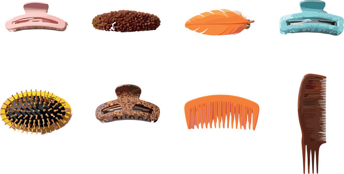 Hair accessories set with combs brushes clips and claw pins vector illustration collection beauty salon tools isolated design elements