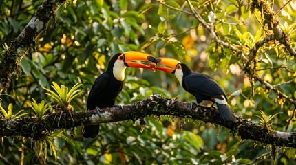 Fototapeta premium Two Toco Toucans Sharing Fruit on Mossy Branch in Tropical Rainforest