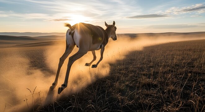 From Behind High Speed Saiga Gallop Overhead Dust Trail Steppe Desert Endangered Antelope Bulbous Nose Running Migration Action Wildlife

