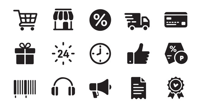 Online shopping icons including store front shipping truck credit card and discount symbols.