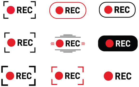 Record button icons for video recording and camera interface, flat vector symbols