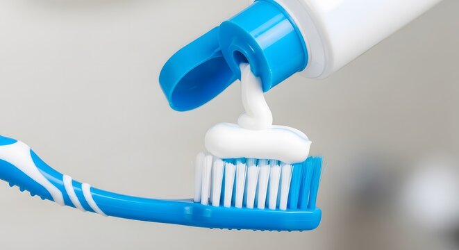 Close-up of toothpaste being applied to a blue toothbrush