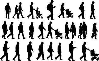 Fototapeta premium Collection of human silhouettes walking in diverse everyday poses, pairs and strollers, isolated figures on white background illustration design
