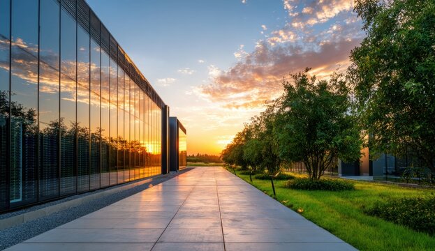 Sleek modern data center exterior at sunset with reflective glass facade and lush green landscaping