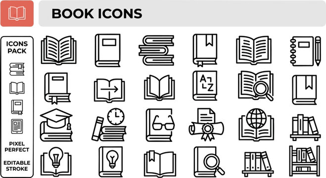 Book and Reading outline icon set. Featuring novel, bookmark, library, page, and study symbols. Editable stroke vector icons for bookstore catalog and reading app interface design template.