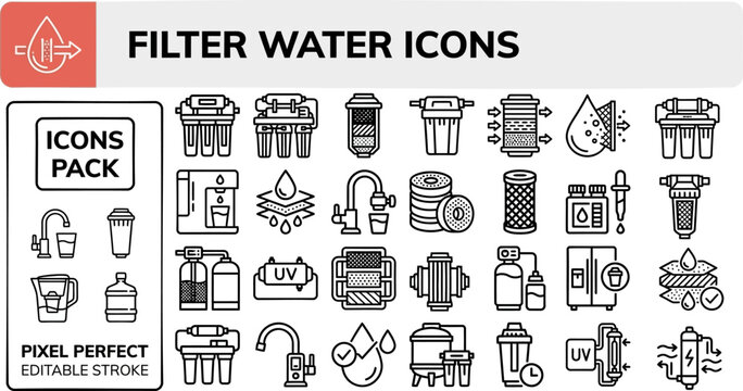 Water filtration vector outline icon set for purifier manuals plumbing services and sustainability layouts