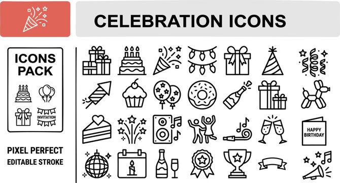 Celebration and Festive Party outline icon set. Featuring confetti, balloon, gift, cake, and fireworks symbols. Editable stroke vector icons for birthday event and holiday invitation design.