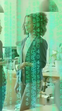 Vertical video: Businesswoman gesturing while peer tapping tablet sparking neon data overlay for QA