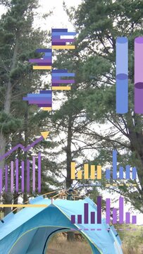 Vertical video: Data bars shifting and pulsing on data feed, surrounding blue tent showing metrics