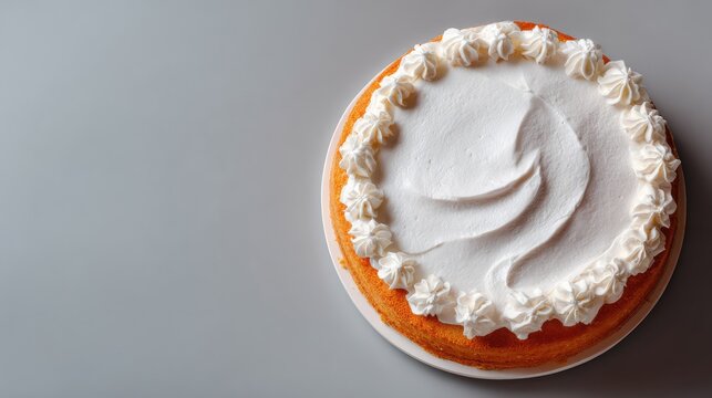 Freshly Frosted Round Cake with Creamy White Icing and Decorative Swirls Against a Neutral Background in Natural Light
