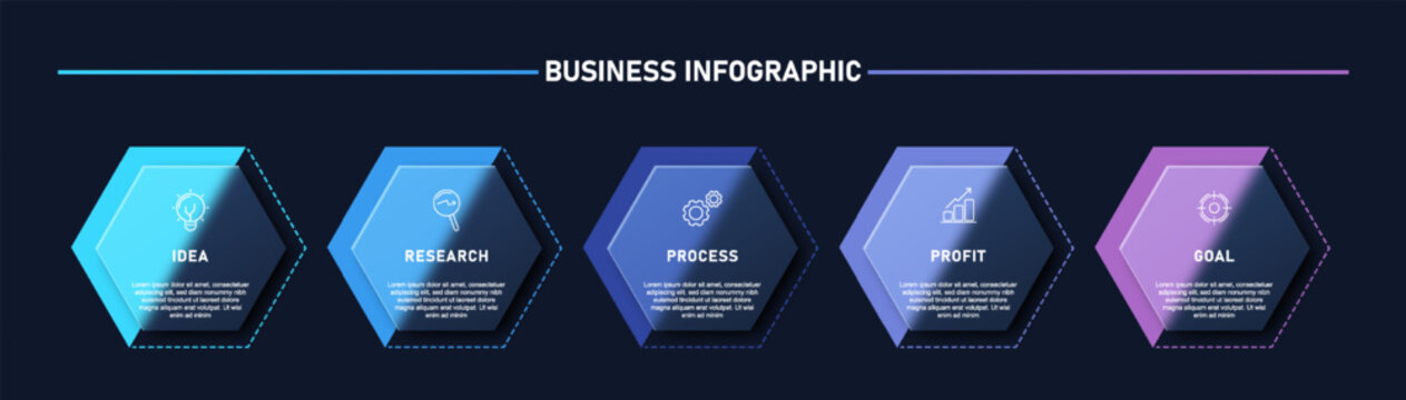 Futuristic business infographic template featuring five hexagon glass elements with blue to purple gradient colors on dark background