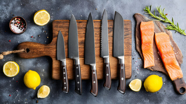 A top-down view of a professional chef knife set on a wooden board with fresh salmon fillets, lemons, and herbs for culinary food preparation.