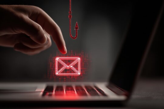 a human hand holding a stylized red email icon a red fishing hook is suspended above the email, connected by a line that extends out of view Generative AI