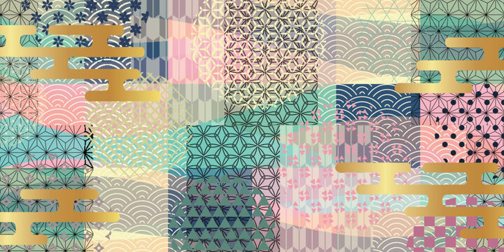 Colorful Japanese Traditional Patterned Background with Gold Cloud Motifs
