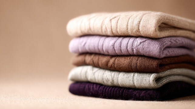 Stack of various colored cashmere sweaters folded and piled on a wooden surface