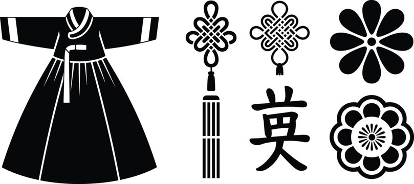 Korean traditional cultural elements set featuring Hanbok dress maedup knots hibiscus flower and hangul calligraphy in black vector style