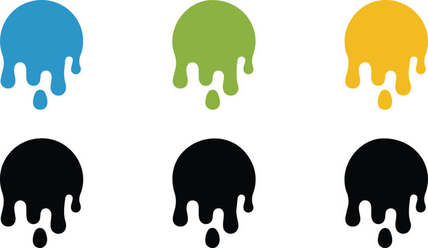 Dripping liquid paint splash vector icon set featuring colorful blue green yellow and black silhouette styles isolated on white background for creative design.