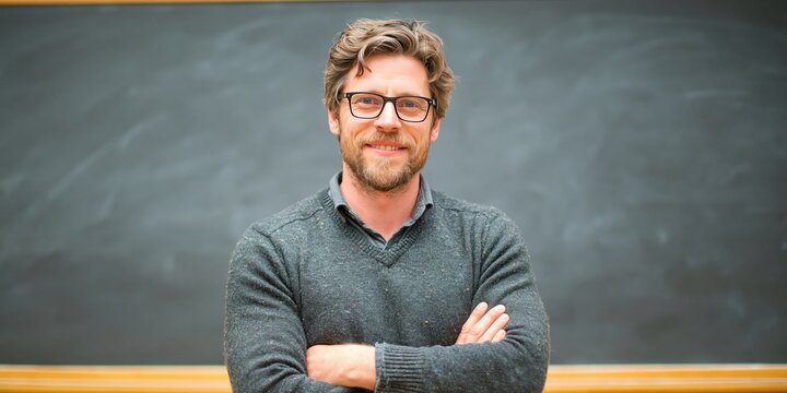 Photo of professor standing in front of chalkboard, 