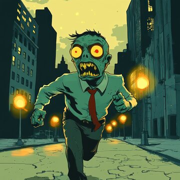 Frantic undead office worker with glowing yellow eyes and red tie sprinting down empty night city street under glowing streetlights with a terrified snarling expression