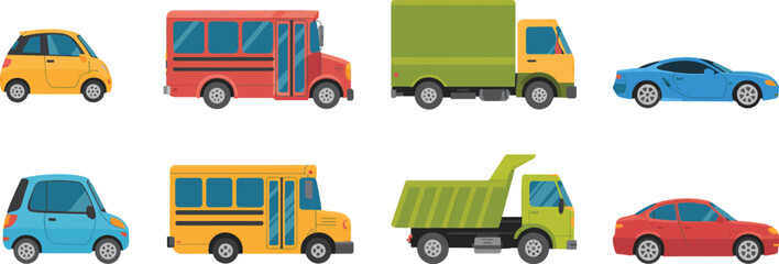 Set of urban transportation vehicles including colorful cars school bus delivery truck and heavy dump truck in flat vector style © Md