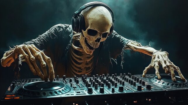 eerie skeletal dj wearing headphones and tattered cloak intensely mixing on illuminated turntables amid smoky dark nightclub atmosphere
