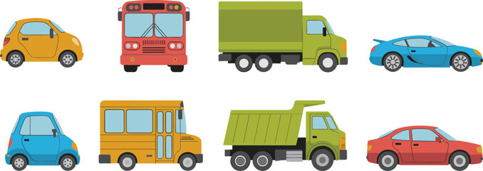 Set of urban transportation vehicles including colorful cars school bus delivery truck and heavy dump truck in flat vector style © Md