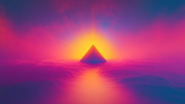 glowing pyramid rising from calm reflective sea at sunrise with neon pink orange sky, misty clouds and a serene mystical atmosphere