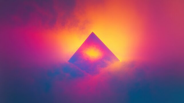 glowing triangular pyramid emerging from vibrant pink, orange and purple clouds, bathed in warm light with a surreal, ethereal and mysterious atmosphere