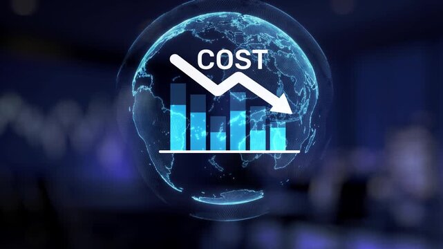 A futuristic robotic hand points at a decreasing cost graph overlaying a digital globe, symbolizing innovation and technology in modern business analysis. Synapse
