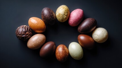 Obraz premium Colorful Arrangement of Assorted Chocolate Eggs on Dark Background for Easter Celebration and Seasonal Treats Photography