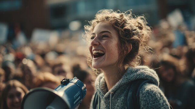 Woman Smiling With Megaphone At Rally, Crowd Cheering Behind, Energetic Speaker Delivering Motivational Message, Sunlight Catching Hair And Jacket, Upbeat Atmosphere And Communal Enthusiasm Fueling