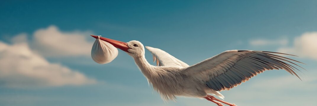 Stork carrying baby - infant human being delivered by bird
