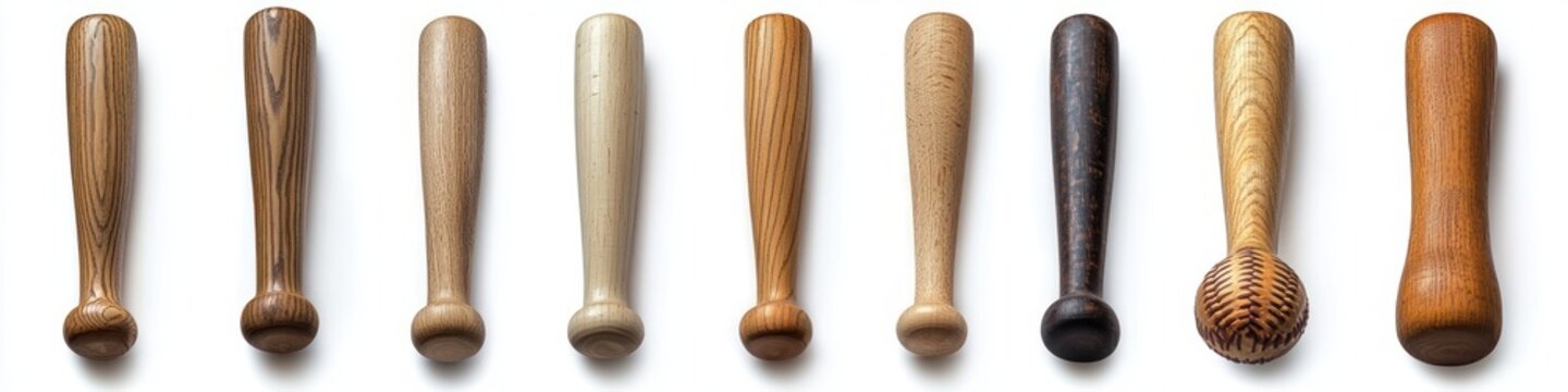 row of nine turned wooden muddler and pestle handles in varying tones with one woven ball end, evoking warm rustic calm