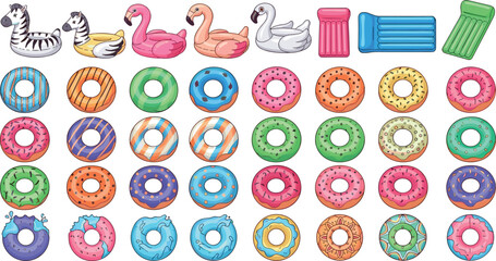 Inflatable pool float collection with donuts animals and air mattresses vector illustration set colorful summer beach accessories pack © MstJasmin