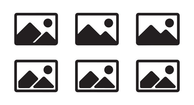 Minimal photo icon set featuring landscape imagery with mountains sun and frame silhouettes.