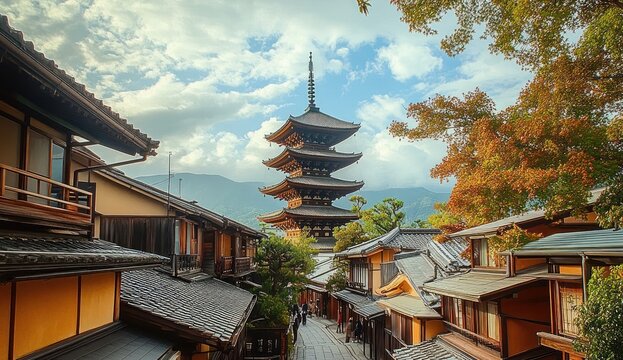 five-tiered pagoda rising above a narrow lane of traditional wooden houses with autumn trees and distant mountains, warm serene late-afternoon light