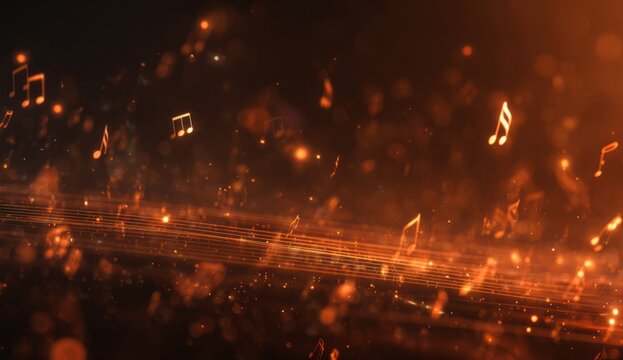 Vibrant abstract musical background featuring glowing floating notes and dynamic light streaks in warm orange tones