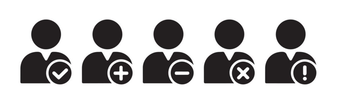 Set of user profile management icons showing status options for account members and groups.