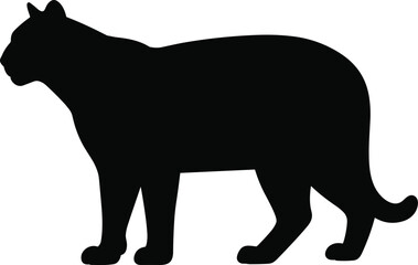 Black silhouette of a big cat standing on white background, wild feline animal side profile, jungle predator shape, isolated vector illustration © Vector World