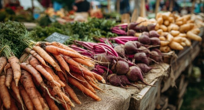 Vibrant display of fresh root vegetables at an outdoor farm market