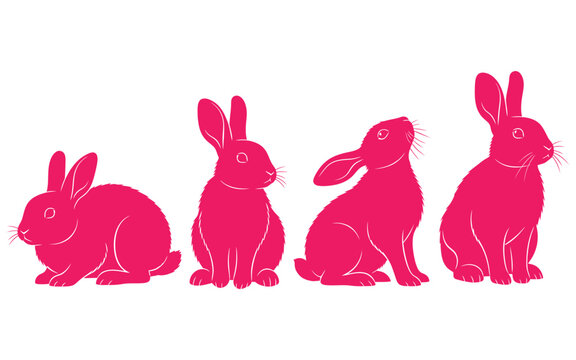 Pink rabbit icons set for Easter or animal theme, vector illustration