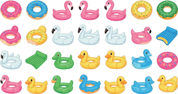 Inflatable pool float set with donuts flamingos ducks and swans vector illustration collection summer beach toys isolated design pack