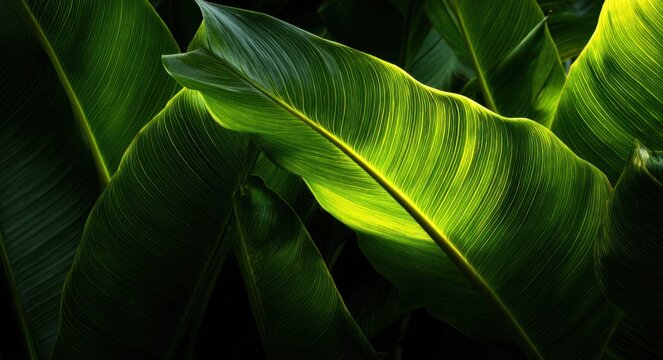 Vibrant green banana leaves illuminated by sunlight showcasing their natural texture and intricate veins